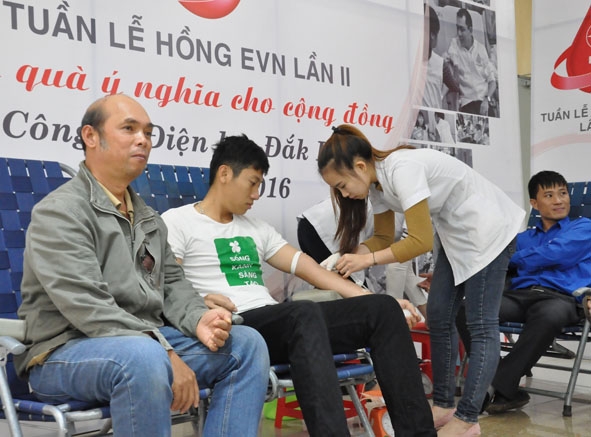 Cán bộ, công nhân viên PC Đắk Lắk hiến máu tình nguyện trong Chương trình “Tuần lễ hồng EVN”. 