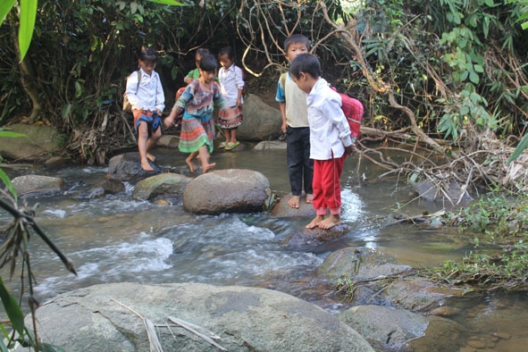 Con đường đến trường của các em ở thôn 4, xã Cư San là con suối đầy đá gồ ghề, dễ trơn trượt.
