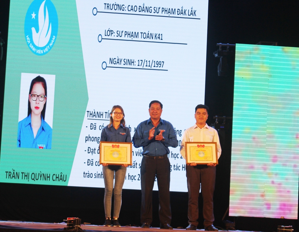 Sinh viên Trần Thị Quỳnh Châu và Huỳnh Lê Thái Bão nhận đón nhận các giải thưởng cao quý do Trung ương Hội Sinh viên Việt Nam dành tặng