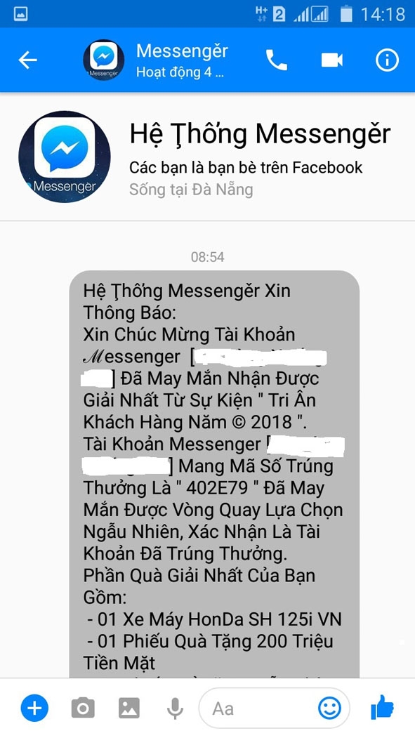 Tin nhắn thông báo trúng thưởng được gửi đến tài khoản facebook của anh M.X.M. (xã Ea Ning, huyện Cư Kuin) qua hệ thống messenger. (ảnh nhân vật cung cấp)