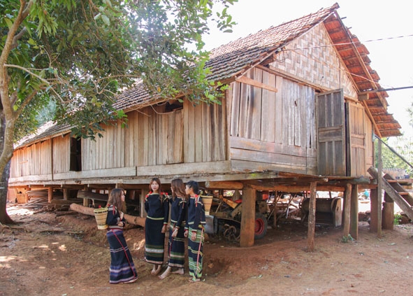 Thiếu nữ Êđê bên mái nhà dài truyền thống ở xã Cư Suê, huyện Cư M'gar.  Ảnh: H. Gia