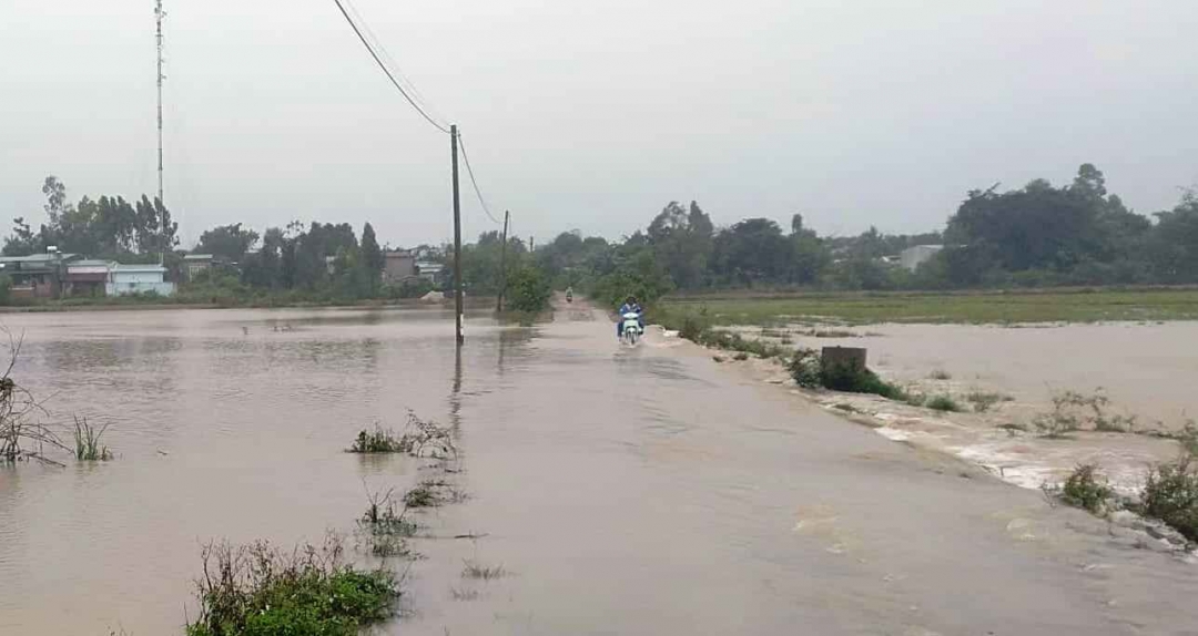 Một tuyến đường ở thôn 6, xã Cư Kty ngập sâu trong nước.