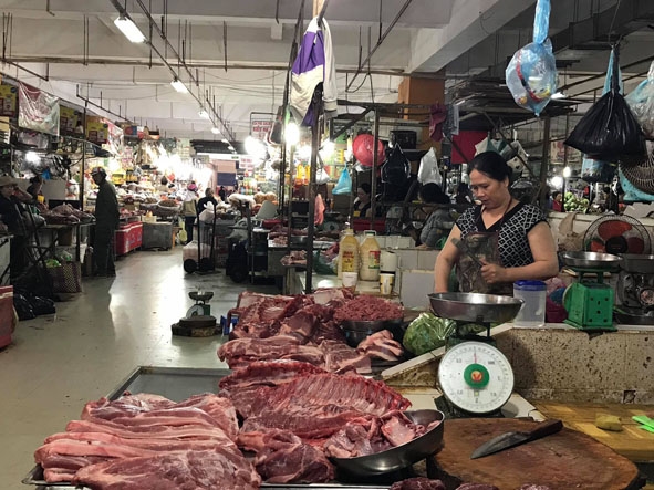 Nhiều quầy thịt heo ở chợ Trung tâm Buôn Ma Thuột rơi vào cảnh vắng khách.
