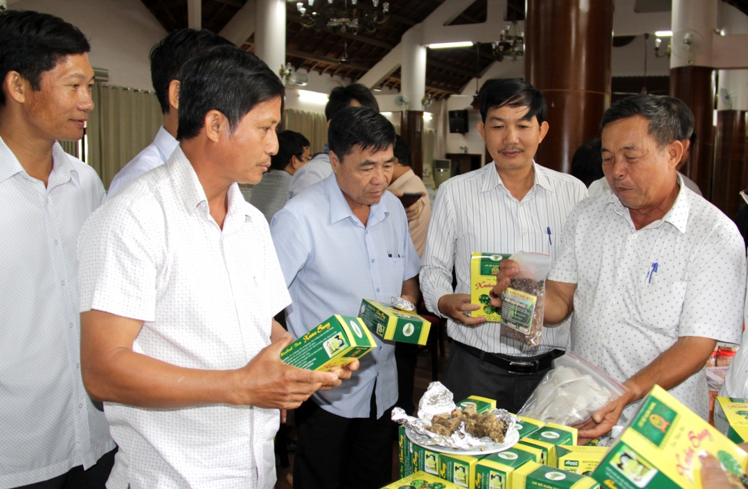 Ông Phan Đình Xuân (bìa phải) giới thiệu các sản phẩm làm từ gạo tím thảo dược.