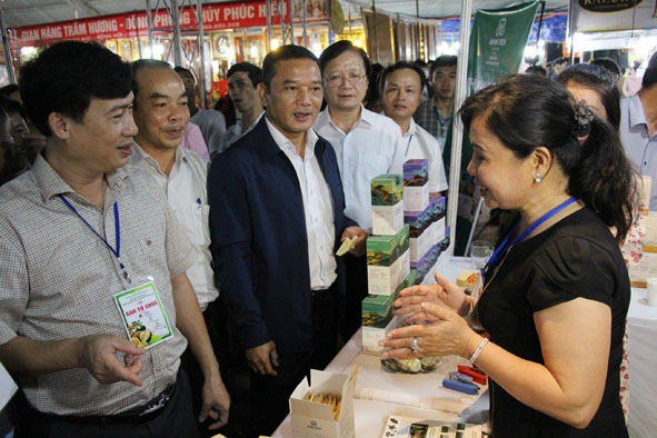 Phó Chủ tịch UBND tỉnh Y Giang Gry Niê Knơng (thứ ba từ trái sang) tham quan các gian hàng tại hội chợ. 
