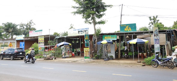Người dân xây dựng nhà cửa, kinh doanh buôn bán trên đất nông nghiệp dọc Quốc lộ 27 đoạn qua xã Ea Tiêu, huyện Cư Kuin. 
