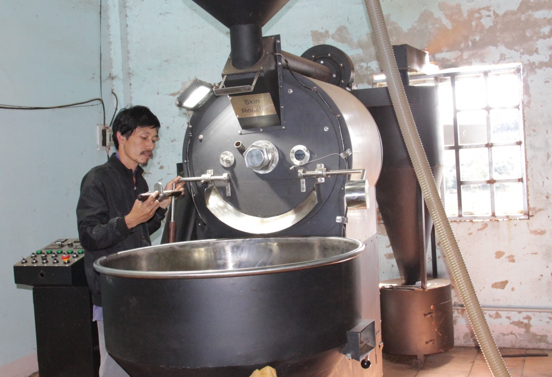 Anh Trần Văn Thuận theo dõi quá trình rang cà phê tại HTX Cà phê chất lượng cao Skin Coffee. 