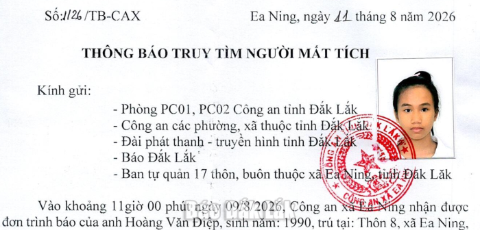 Công an xã Ea Ning truy tìm thiếu nữ 14 tuổi mất tích