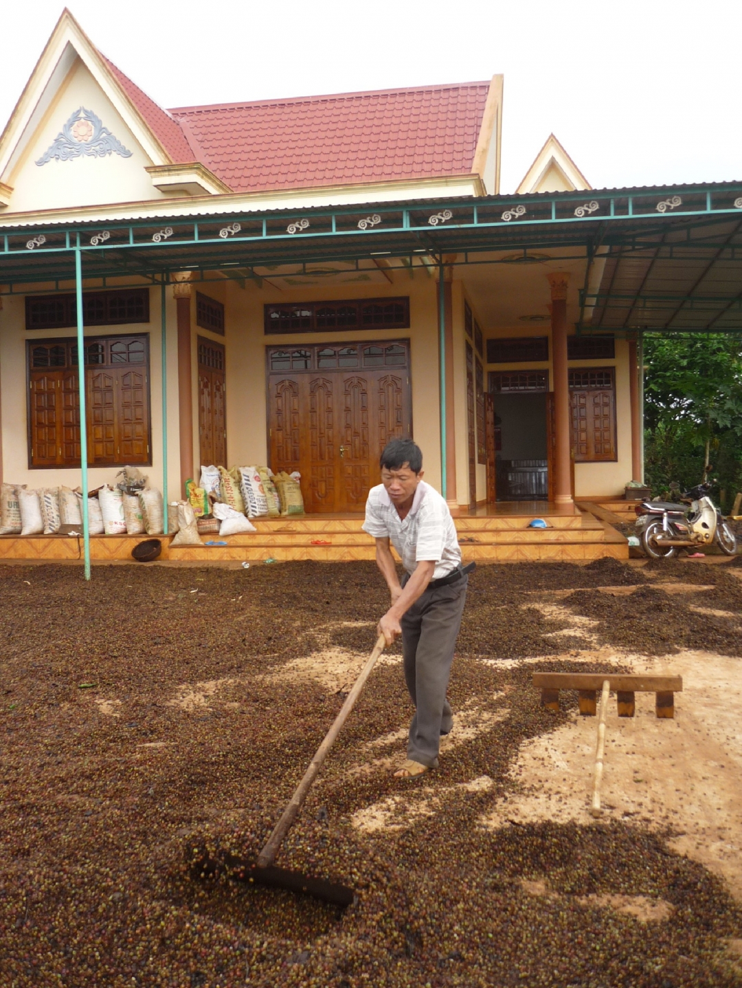 Ông Hải đang lao động bên ngôi nhà khang trang.