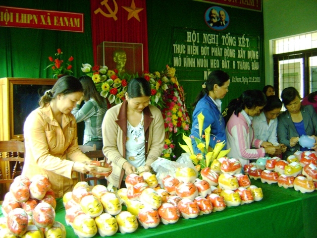 Học tập và làm theo tấm gương đạo đức của Bác, Hội Phụ nữ xã Ea Nam (huyện Ea H’leo) xây dựng thành công mô hình nuôi heo đất tiết  kiệm.