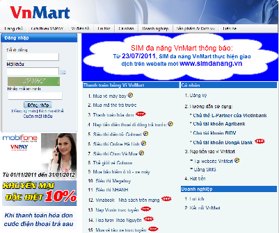 Trang chủ của ví điện tử Vnmart.