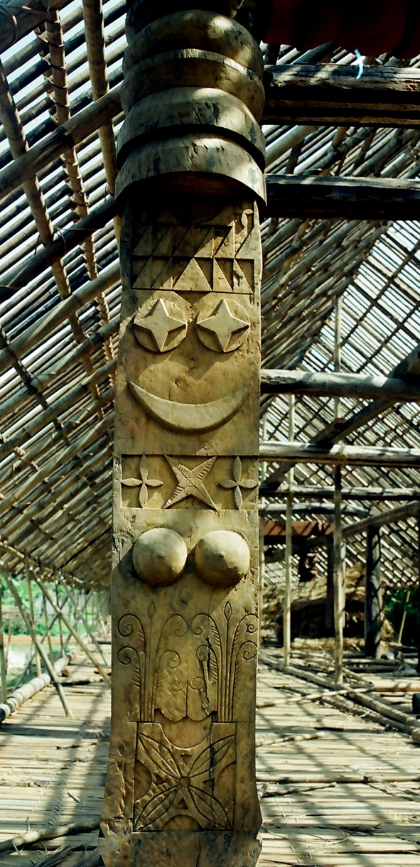 Hình tượng cây rau dớn, bầu vú mẹ và trăng sao thể hiện trong phù điêu trang trí trên cột nhà.  