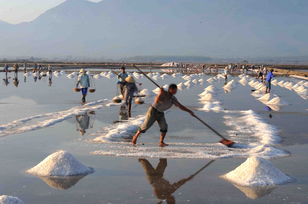 Cào muối là một trong những công việc nặng nhọc. Việc này thường do đàn ông đảm nhiệm 