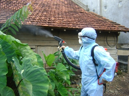 Ngành y tế phun hóa chất diệt muỗi dập dịch SXH tại thôn 14, xã Tân Hòa.