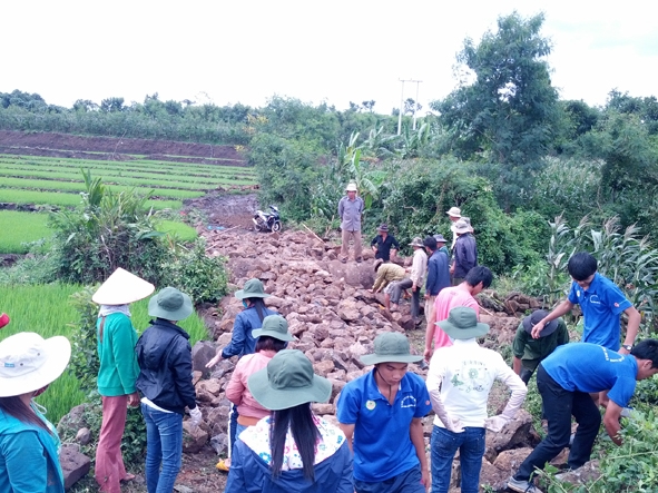 Thanh niên Buôn Hồ tham gia chương trình xây dựng nông thôn mới.