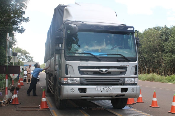 Xe vào cân tại Trạm cân lưu động số 53, Quốc lộ 14,  đoạn qua phường Tân An (TP. Buôn Ma Thuột).