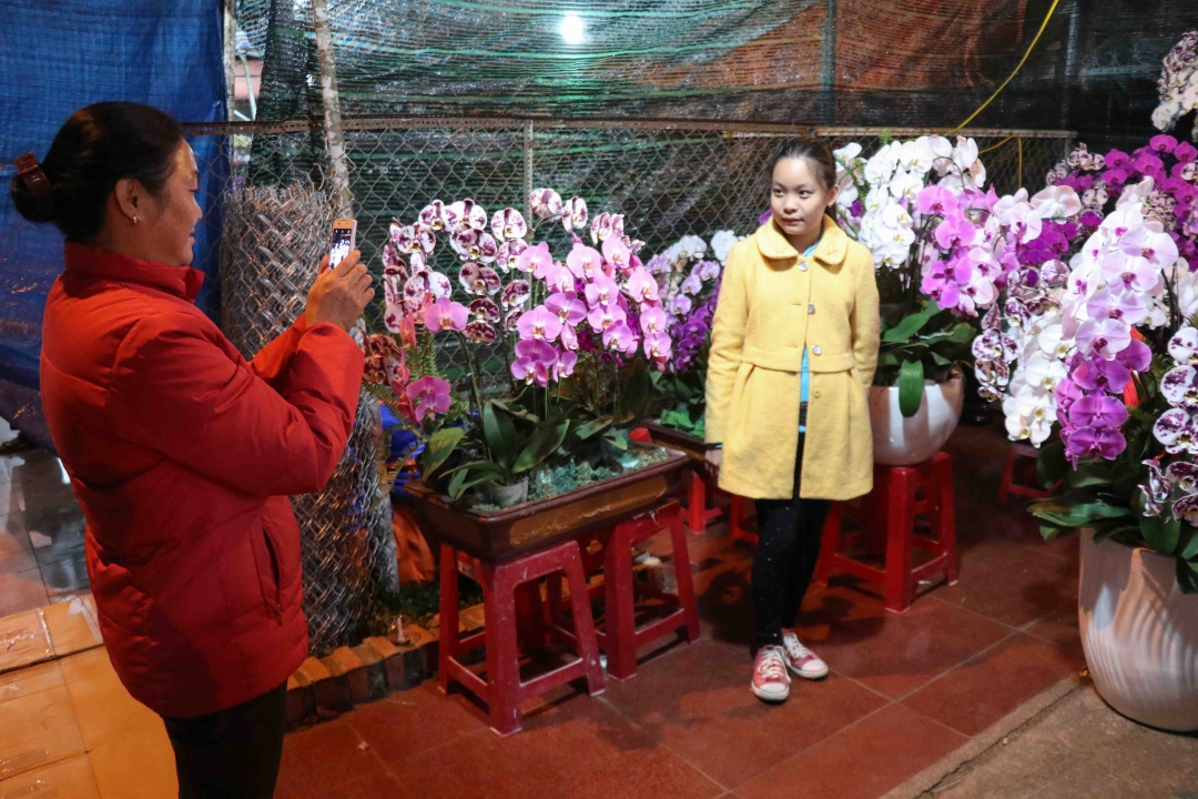 Nhiều gia đình thích thú lưu lại những khoảnh khắc của người thân bên những cành hoa xuân