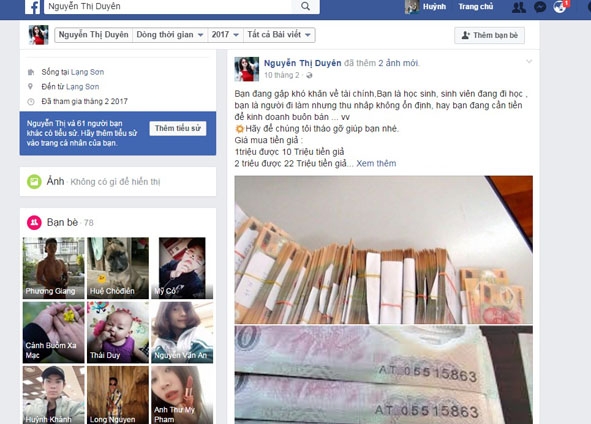 Một trang rao bán tiền giả trên Facebook.    Ảnh: Chụp từ màn hình
