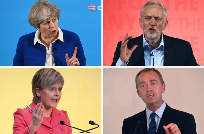 Thủ tướng Anh Theresa May (trên, trái), Chủ tịch Công đảng đối lập Jeremy Corbyn (trên, phải), Thủ hiến Scotland đồng thời là Lãnh đạo Đảng Dân tộc Scotland Nicola Sturgeon (dưới, trái) và Lãnh đạo Đảng Dân chủ tự do Tim Farron. (Nguồn: AFP/TTXVN)