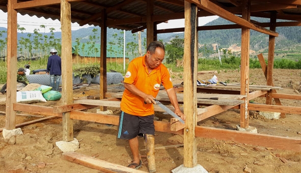 Ông Giàng Seo Sình đang giúp người dân trong thôn Ea Hăn làm nhà.    Ảnh: T. Lâm