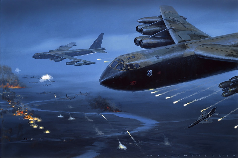 Pháo đài bay B52 trút “mưa bom” xuống miền Bắc Việt Nam trong Chiến dịch Linebacker II.