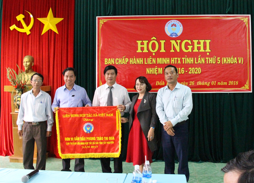 Phó Chủ tịch UBND tỉnh Y Giang Gry Niê Knơng tặng Cờ thi đua của Liên minh HTX Việt Nam cho Liên minh HTX tỉnh