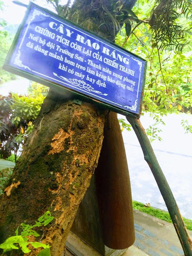 Cây rao ráng trước cổng Đền tưởng niệm các anh hùng liệt sỹ Đường 20  Quyết Thắng là nơi bộ đội Trường Sơn – TNXP đã dùng mảnh bom  treo làm kẻng báo động mỗi khi có máy bay địch.