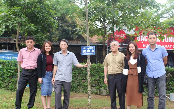 Đoàn công tác Báo Đắk Lắk chụp hình lưu niệm bên cây sao đen vừa mới trồng. 