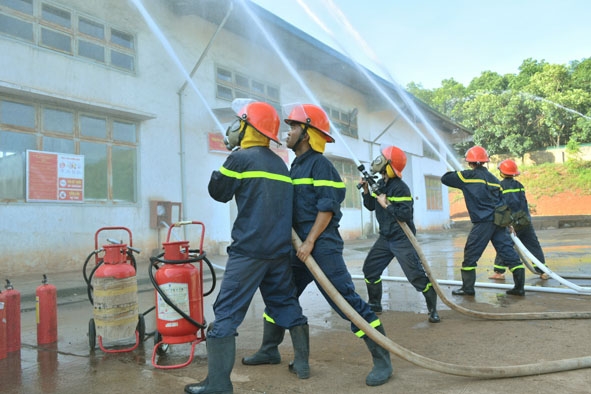  Cảnh sát phòng cháy và chữa cháy số 7 thực tập phương án chữa cháy  tại Xí nghiệp chế biến mủ cao su  Ea H’leo -  Bình Minh. 