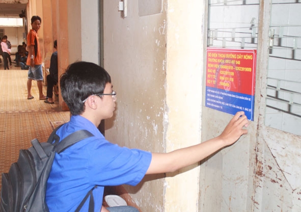 Người nhà bệnh nhân đang tìm hiểu các số điện thoại ĐDN tại Bệnh viện Đa khoa tỉnh. 