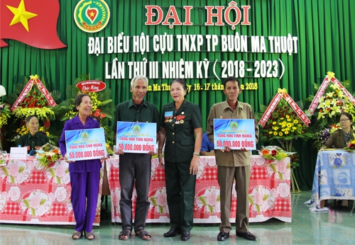Bà Nguyễn Thị Tác - Chủ tịch Hội Cựu TNXP tỉnh trao bảng tượng trưng tặng nhà tình nghĩa cho hội viên khó khăn