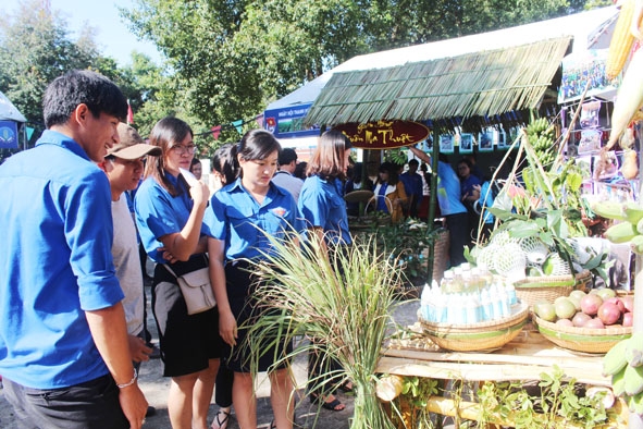Hội viên thanh niên tham quan các gian hàng trưng bày sản phẩm nông nghiệp của thanh niên tại Ngày hội thanh niên nông thôn. 
