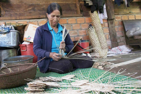 Amí Tú đan giỏ rượu cần cho HTX mây tre đan Phú Thịnh. 