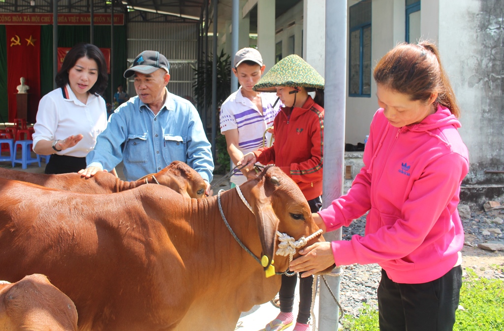 Chủ tịch Hội LHPN tỉnh Nguyễn Thị Thu Nguyệt (ngoài cùng bên phải) trao bò cho gia đình phụ nữ nghèo