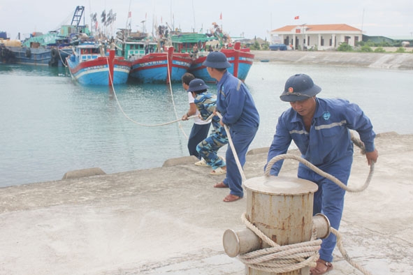 Cán bộ, chiến sĩ giúp ngư dân neo đậu tàu, thuyền vào âu tàu tại đảo Sinh Tồn tránh, trú bão và sửa chữa. 