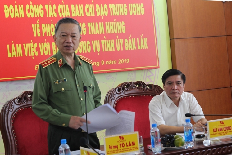 Đại tướng Tô Lâm, Ủy viên Bộ Chính trị, Bộ trưởng Bộ Công an, Phó Trưởng Ban Chỉ đạo Trung ương về PCTN phát biểu tại buổi làm việc.
