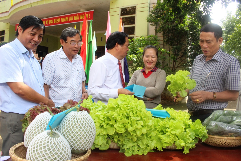 Các đại biểu tham qua gian hàng trưng bày sản phẩm nông nghiệp chất lượng cao của địa phương.