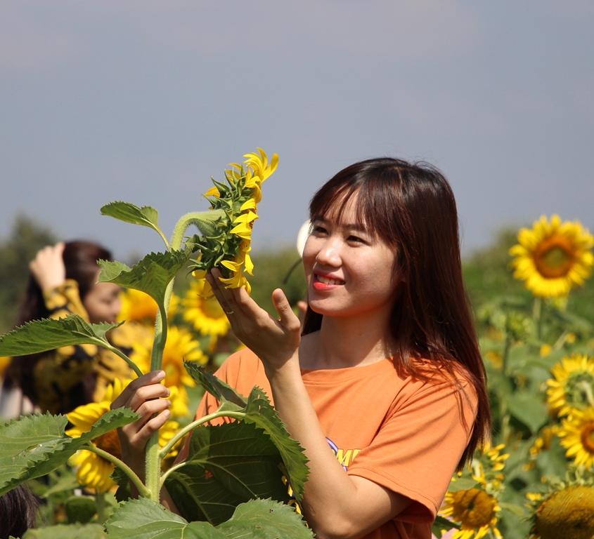 Một bạn gái tạo dáng bên hoa