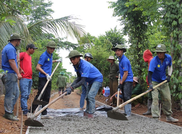 Thanh niên tình nguyện tham gia làm đường giao thông nông thôn tại xã Tân Tiến, huyện Krông Pắc.