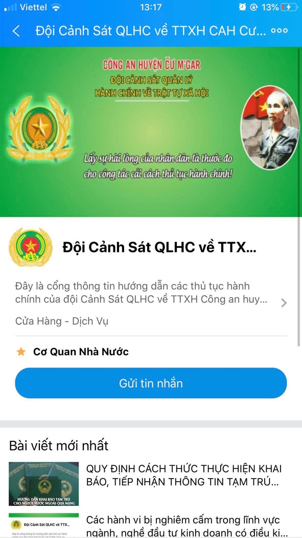 Trang Zalo hướng dẫn làm các thủ tục hành chính trực tuyến của Công an huyện Cư M'gar. 