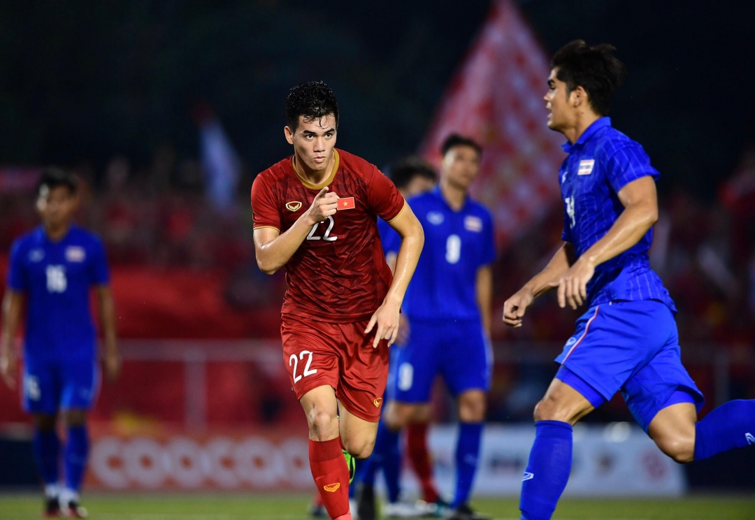 Tiến Linh đã thành người hùng của U22 Việt Nam khi có cú đúp bàn thắng vào lưới U22 Thái Lan. Ảnh: Internet