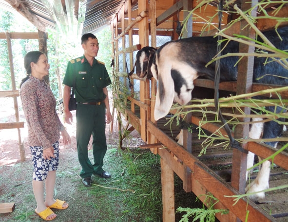 Trung úy chuyên nghiệp Nguyễn Trung Hải thăm một hộ nghèo được tặng dê.   