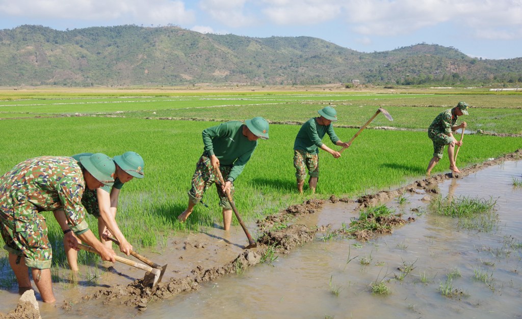 Các chiến sĩ giúp dân đưa nước vào ruộng