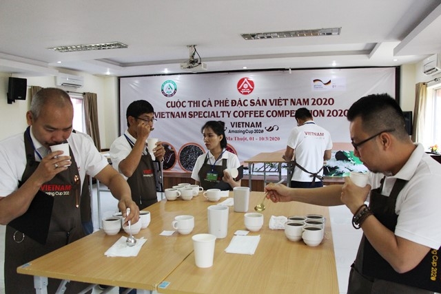 Ban giám khảo thử nếm cà phê tại vòng sơ kết Cuộc thi Cà phê đặc sản Việt Nam 2020