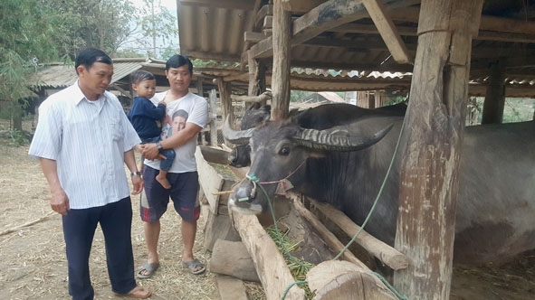  Ông Hùng Xuân Thành (bên trái) đến thăm hỏi tình hình  sản xuất  của  người dân. 