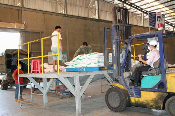 Công nhân Chi nhánh Công ty Cổ phần chăn nuôi CP Việt Nam (Cụm công nghiệp Ea Đar) vận chuyển thức ăn chăn nuôi cung cấp cho các cửa hàng, đại lý.