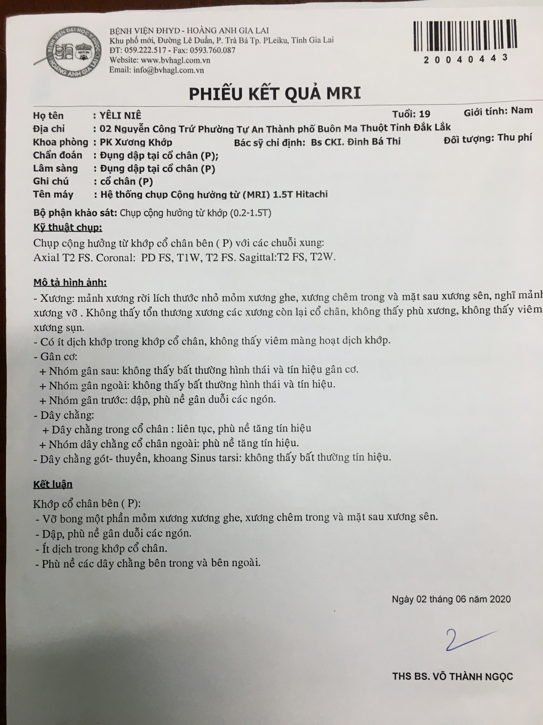 Phiếu kết quả của Y Êli Niê đã được gửi cho bác sĩ tại Trung tâm PVF  để phân tích.