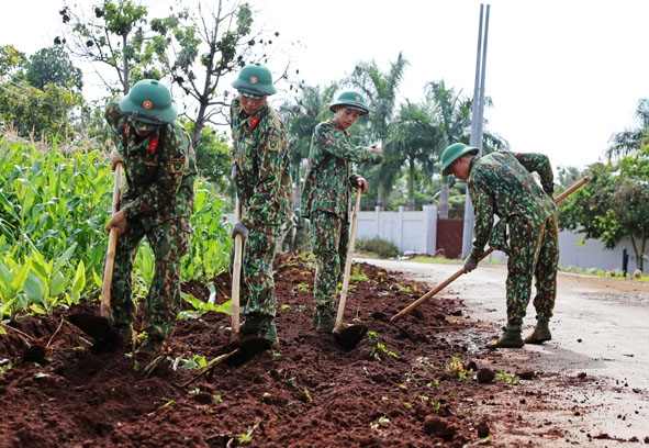 Bộ đội Tiểu đoàn 303 (Trung đoàn 584, Bộ Chỉ huy Quân sự tỉnh) giúp nhân dân xã Hòa Xuân, TP. Buôn Ma Thuột làm đường giao thông. Ảnh: Thế Hùng