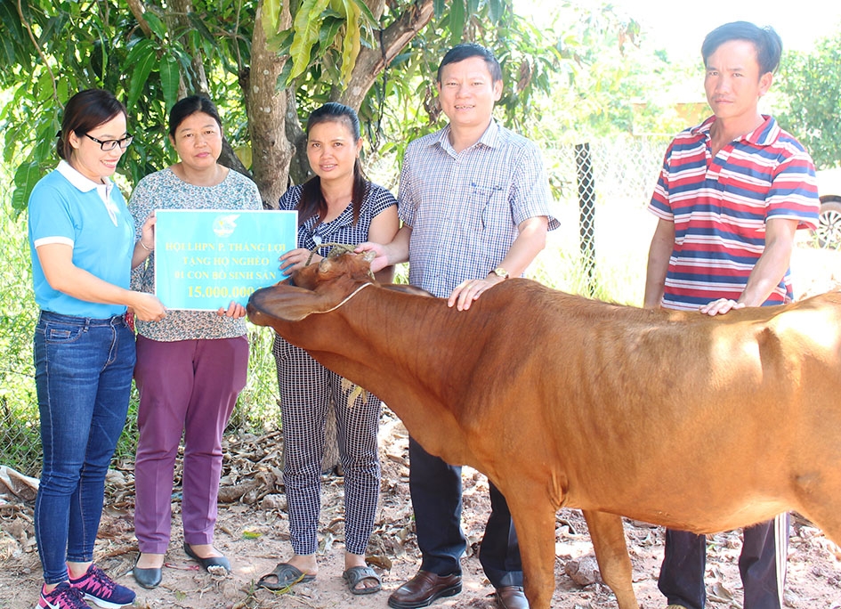 Đại diện Hội LHPN phường Thắng Lợi (TP. Buôn Ma Thuột) tặng bò sinh sản cho phụ nữ khó khăn xã Ia R'vê (huyện Ea Súp). 