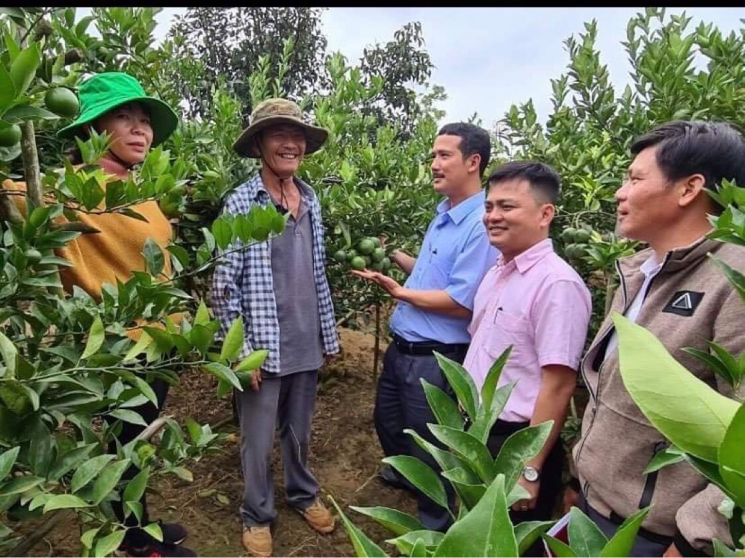 Ông Nguyễn Văn Liêm (thứ 2 từ trái sang) giới thiệu vườn cây ăn trái cho Hội nông dân huyện Ea H’leo.